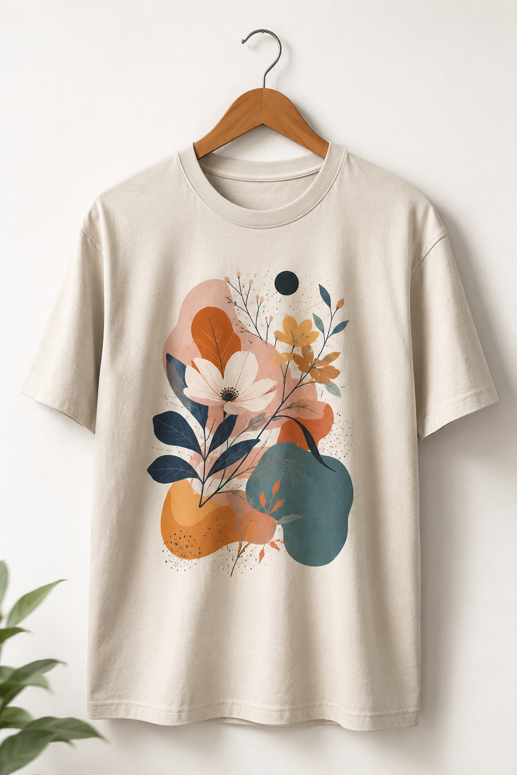 T-shirt with colorful DTF print on hanger