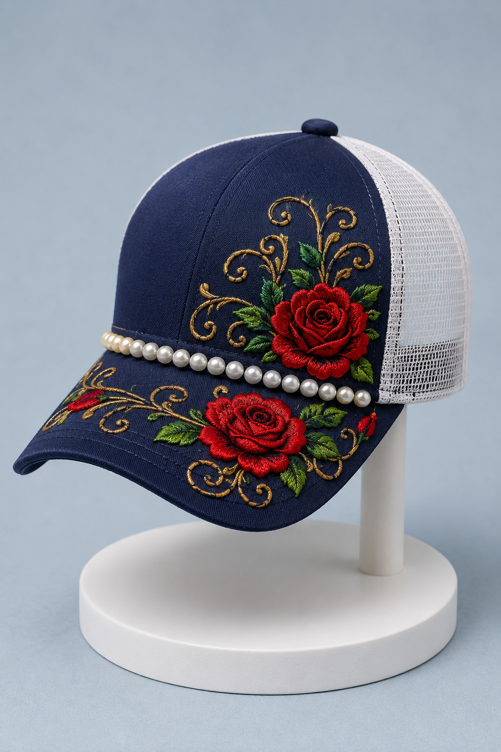 Navy cap with embroidered red roses and pearls