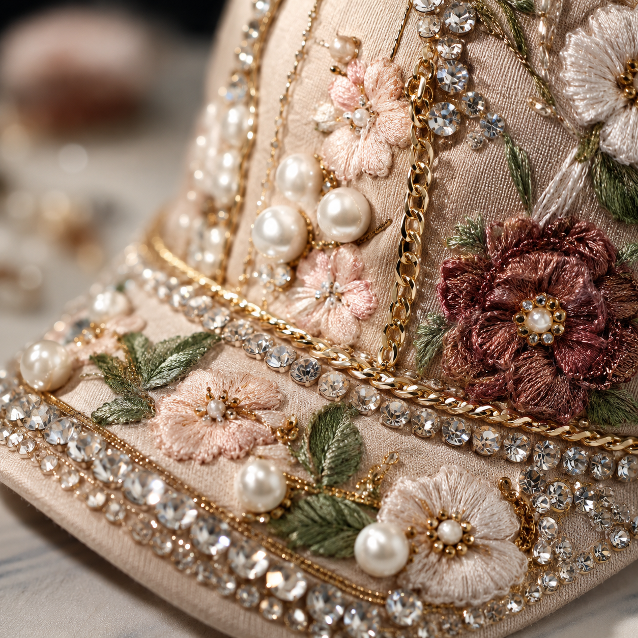 Close-up of pearls, rhinestones and embroidery on a cap