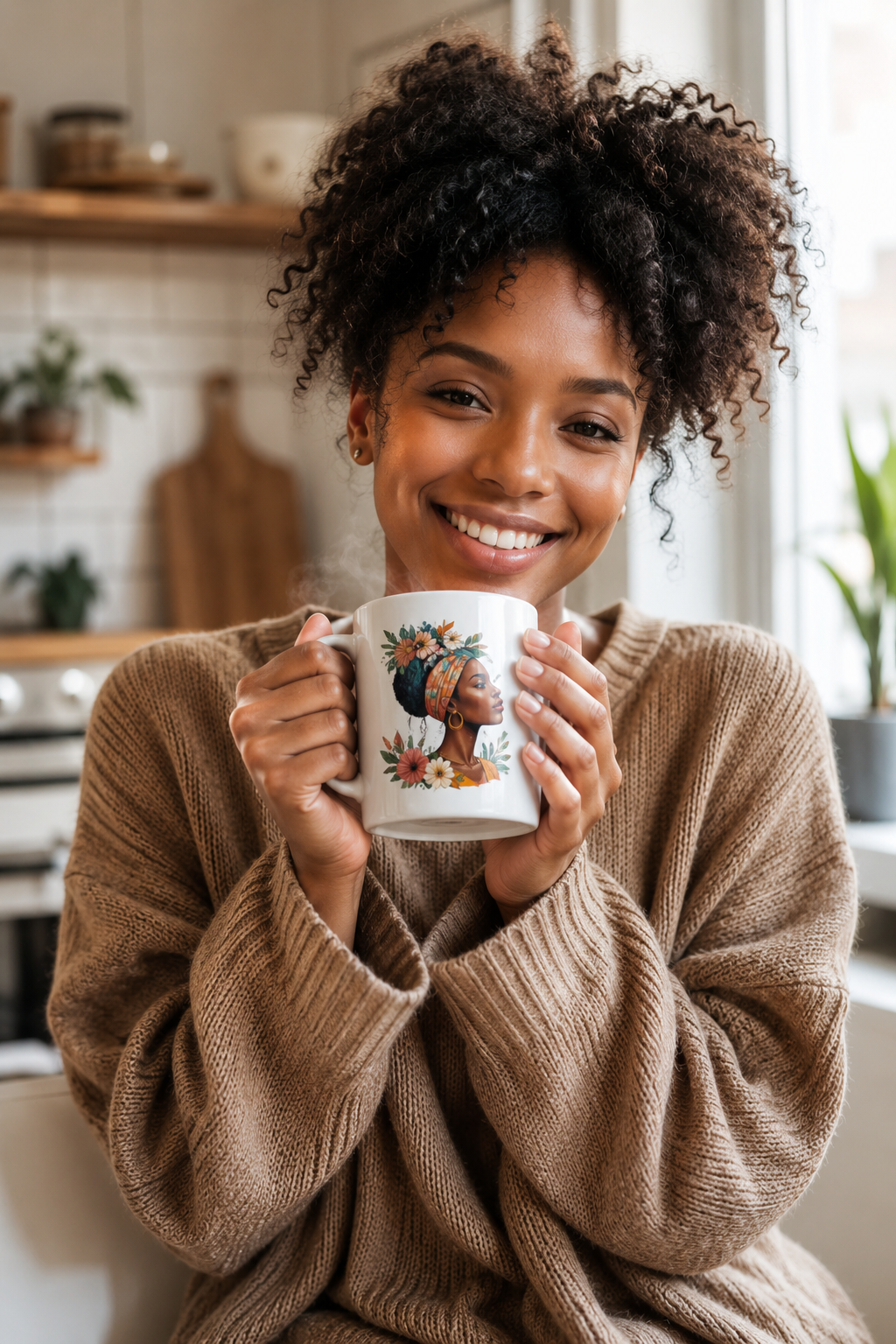 Woman holding a custom printed mug in a cozy kitchen