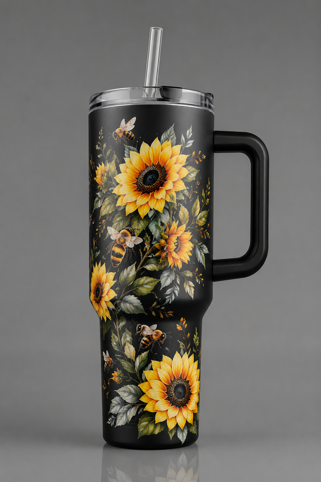 Black 40oz tumbler with sunflower print