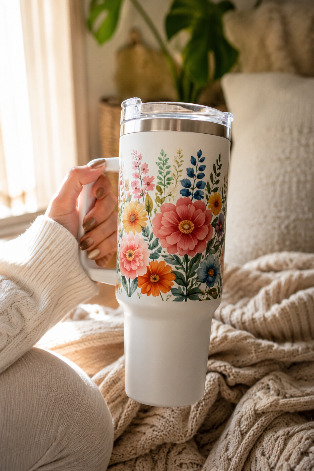 Hand holding a floral tumbler